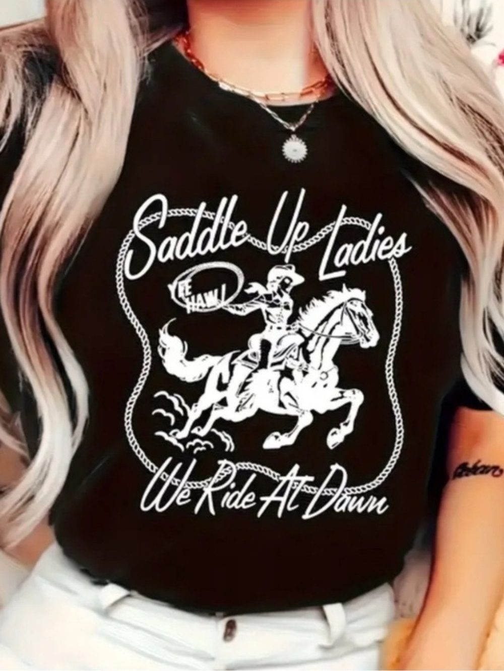 Cowgirl Western Cotton Tee in Black 'Saddle Up Ladies We Ride At Dawn' 2XL - Picture 4 of 8